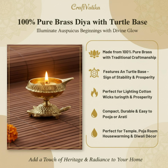Collectible India Brass Diya Oil Puja Lamp Engraved Design Dia with Turtle Base for Home Temple Pooja Articles Decor Gifts (1Pcs).