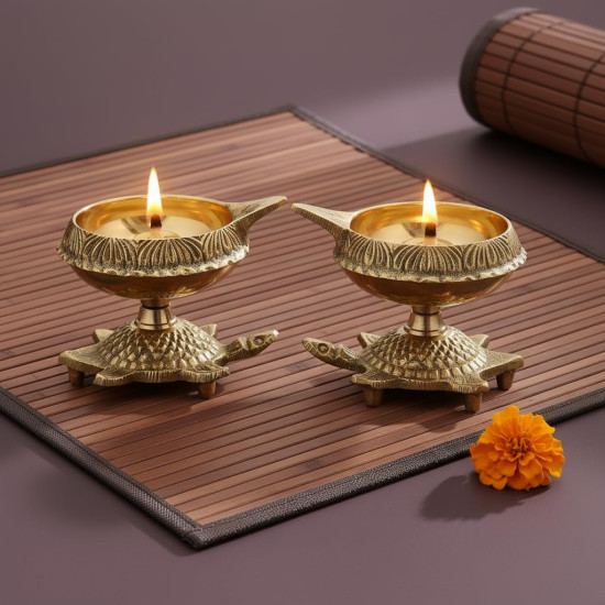 Collectible India Brass Diya Oil Puja Lamp Engraved Design Dia with Turtle Base for Home Temple Pooja Articles Decor Gifts (1Pcs).