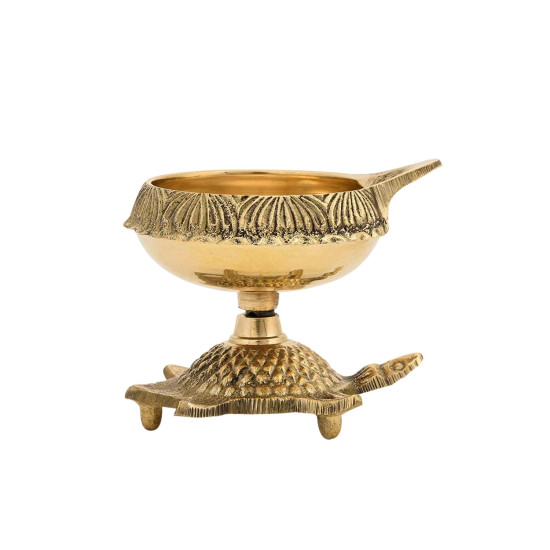 Collectible India Brass Diya Oil Puja Lamp Engraved Design Dia with Turtle Base for Home Temple Pooja Articles Decor Gifts (1Pcs).