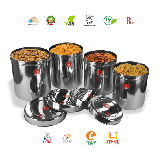 Sumeet Stainless Steel Vertical Canisters/Ubha Dabba/Storage Containers Set Of 4Pcs (No. 15 To No. 18) (3.75 Ltr, 4.5Ltr, 5.6Ltr, 6.75Ltr), Beige