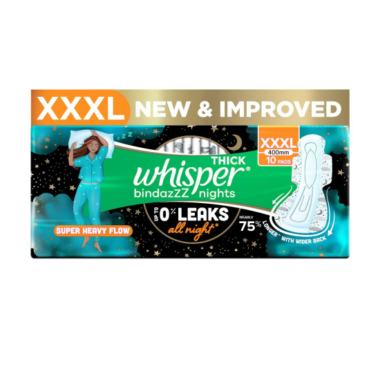 Whisper Bindazzz Nights 10 XXXL Sanitary Pads, Upto 0% Leaks All Night Long, For Super Heavy Flow, Nearly 75% Longer with Wider Back, Double hug wings keep pad in place , Disposable Wrapper Whisper Bindazzz Nights 10 XXXL Sanitary Pads, Upto 0% Leaks All Night Long, For Super Heavy Flow, Nearly 75% Longer with Wider Back, Double hug wings keep pad in place , Disposable Wrapper