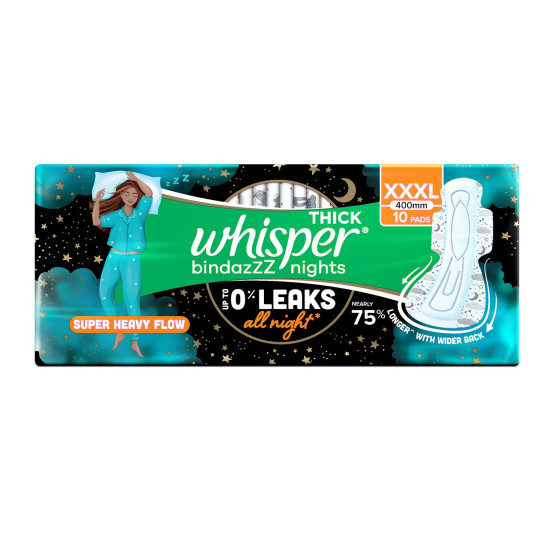 Whisper Bindazzz Nights 10 XXXL Sanitary Pads, Upto 0% Leaks All Night Long, For Super Heavy Flow, Nearly 75% Longer with Wider Back, Double hug wings keep pad in place , Disposable Wrapper Whisper Bindazzz Nights 10 XXXL Sanitary Pads, Upto 0% Leaks All Night Long, For Super Heavy Flow, Nearly 75% Longer with Wider Back, Double hug wings keep pad in place , Disposable Wrapper