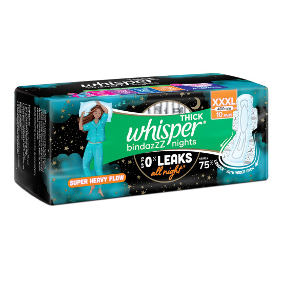 Whisper Bindazzz Nights 10 XXXL Sanitary Pads, Upto 0% Leaks All Night Long, For Super Heavy Flow, Nearly 75% Longer with Wider Back, Double hug wings keep pad in place , Disposable Wrapper Whisper Bindazzz Nights 10 XXXL Sanitary Pads, Upto 0% Leaks All Night Long, For Super Heavy Flow, Nearly 75% Longer with Wider Back, Double hug wings keep pad in place , Disposable Wrapper