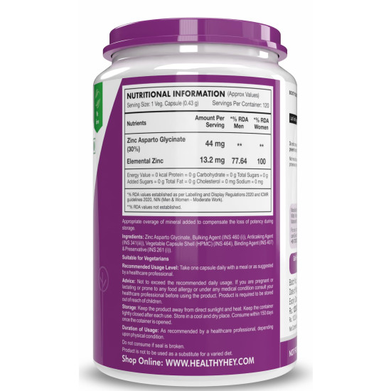 HealthyHey Nutrition Zinc Asparto Glycinate 30% - 120 Capsules