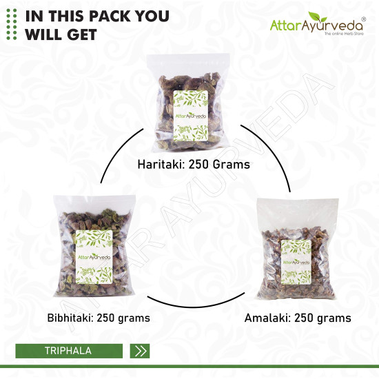 Attar Ayurveda Triphala Raw (1:1:1) - 750 grams, Raw, Whole - Harad, Baheda, Amla