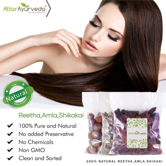 Attar Ayurveda Reetha, Amla, Shikakai Combo Pack (300 Grams, Whole form) | Chemical free, 100% natural | Best natural remedy for silky, shiny and smooth ha