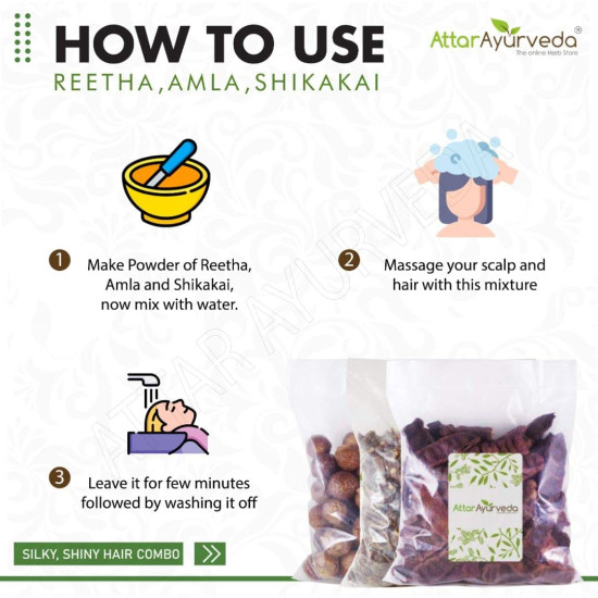 Attar Ayurveda Reetha, Amla, Shikakai Combo Pack (300 Grams, Whole form) | Chemical free, 100% natural | Best natural remedy for silky, shiny and smooth ha