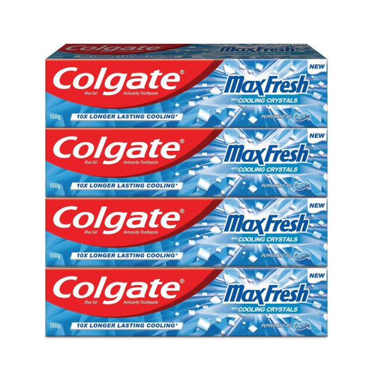 Colgate MaxFresh Toothpaste, Blue Gel Paste with Menthol for Super Fresh Breath, 600g, 150g X 4 (Peppermint Ice, Saver Pack)