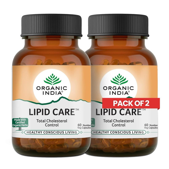 A TATA Product - Organic India Lipid Care - 60 Veg Capsules (Pack of 2) , Helps In Normal Cholesterol Levels & Lipid Levels, Lower Heart Rate & Blood Pressure, Naturally Rich In Antioxidants, GMP & NPOP Certified