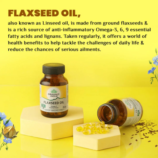 A TATA Product - Organic India Flaxseed Oil - 60 Veg Capsules, Natural Omega-3, Helps Reduce Cholesterol, Supports Healthy Skin, Hair & Nails, Joint Flexibility, GMP & NPOP Certified Organic