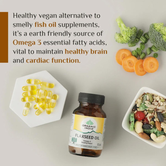 A TATA Product - Organic India Flaxseed Oil - 60 Veg Capsules, Natural Omega-3, Helps Reduce Cholesterol, Supports Healthy Skin, Hair & Nails, Joint Flexibility, GMP & NPOP Certified Organic