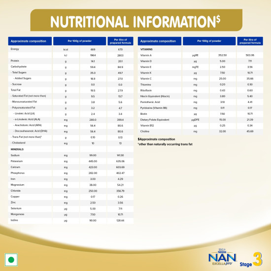 EXCELLAPRO Nestle Nan Excellapro 3 Follow-Up Formula-Powder After 12 Months, Stage 3, 400G Bag-In-Box Pack, Infant