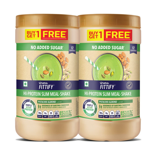 Saffola FITTIFY Hi-Protein Weight Loss Shake | Meal Replacement Shake for Men and Women | Slim Shake with 5 Superfoods | Pistachio Almond | 420 Gm | Buy 1 + 1 Free | 20.3 Gm Protein / Serving