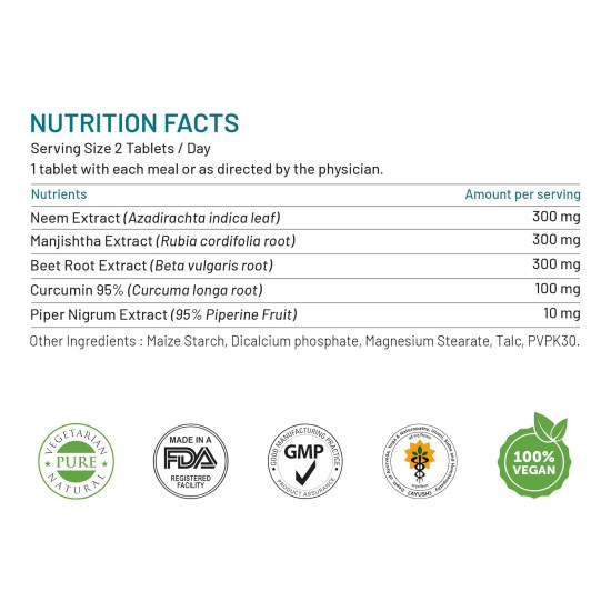Bliss Welness Blood Detox | Curcumin Beetroot Manjistha Neem Extract | Blood Purifier Acne & Pimple Control Radiant Skin Anti Bacterial Ayurvedic Herbal Supplement - 60 Vegetarian Tablets
