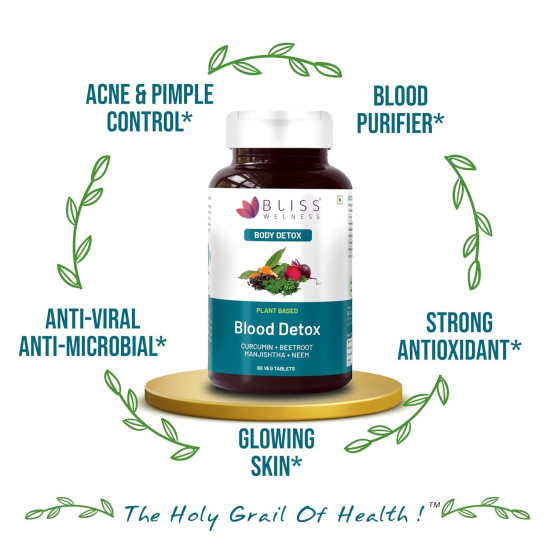 Bliss Welness Blood Detox | Curcumin Beetroot Manjistha Neem Extract | Blood Purifier Acne & Pimple Control Radiant Skin Anti Bacterial Ayurvedic Herbal Supplement - 60 Vegetarian Tablets