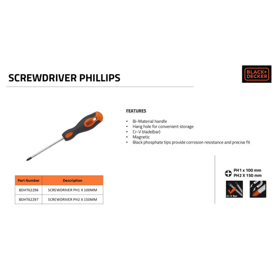 BLACK+DECKER BDHT62296 Steel Screwdriver-PH1x100mm (Orange)