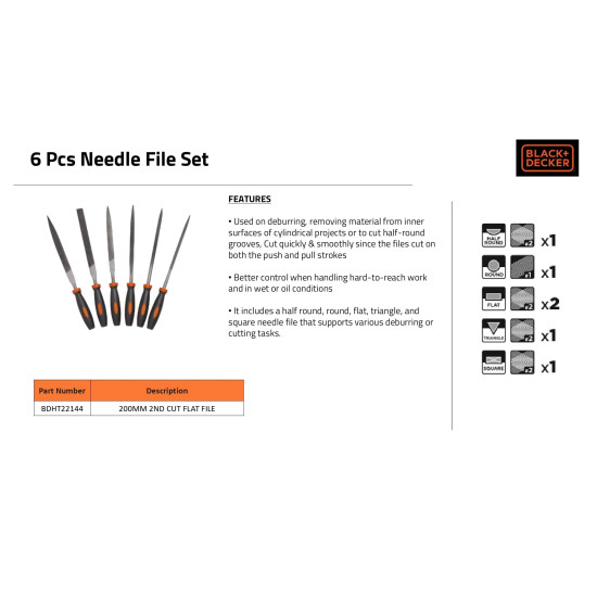 BLACK+DECKER Steel 200mm 2nd Cut Flat File (Orange) (BDHT22144)