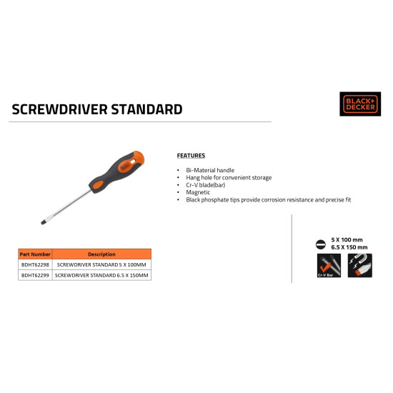 BLACK+DECKER BDHT62298 Steel Screwdriver Standard-5x100mm (Orange)