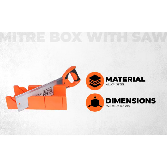 BLACK & DECKER BDHT20346 350mm Hand-Powered Steel Mitre Box with Saw for Home, DIY & Professional, 6 Months Warranty, ORANGE & BLACK