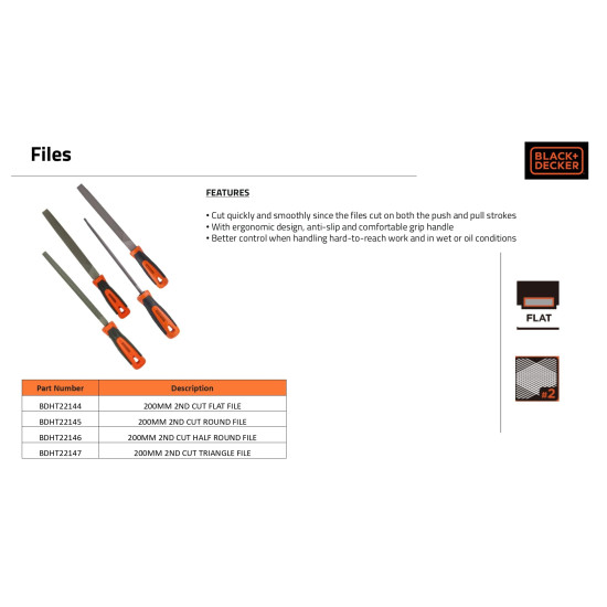 BLACK+DECKER BDHT22146 Steel 200mm 2nd Cut Half Round File (Orange)