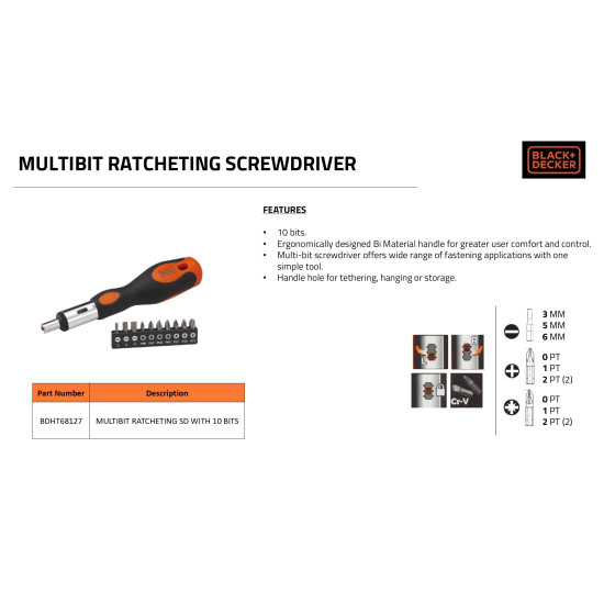 BLACK+DECKER Phillips BDHT68127 Steel Multi-Bit Ratcheting SD - SL3SL5SL6Ph0Ph12xPh2PZ1PZ2PZ3 (24 cm) Set of 10 Pieces
