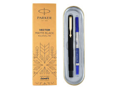 Parker Vector Matte Black Gold Trim Roller Ball Pen | Ink Color - Blue | Gift For Employees | Best Choice For Corporate Professionals