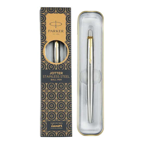 Parker Jotter Stainless Steel Gold Trim Ball Pen| Ink Color- Blue | Gift For Employees | Leading Pen For Corporate
