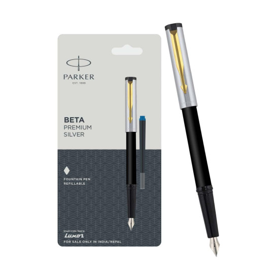 Parker Beta Premium Chrome Trim Fountain Pen | Gold Finish Cap With 1 Ink Cartridge | Ink Color - Blue | Best For Employees | Unique Gifts For Entrepreneurs Parker Beta Premium Chrome Trim Fountain Pen | Gold Finish Cap With 1 Ink Cartridge | Ink Color - Blue | Best For Employees | Unique Gifts For Entrepreneurs