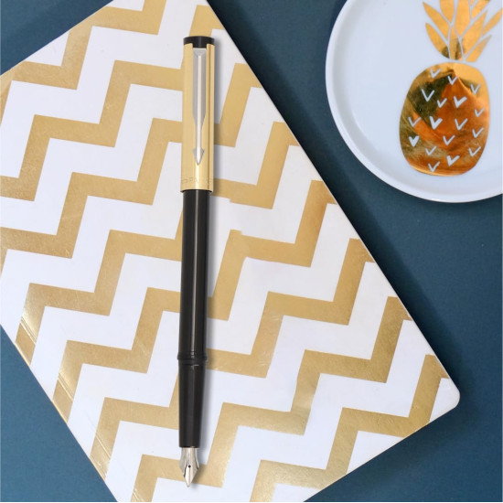 Parker Beta Premium Chrome Trim Fountain Pen | Gold Finish Cap With 1 Ink Cartridge | Ink Color - Blue | Best For Employees | Unique Gifts For Entrepreneurs Parker Beta Premium Chrome Trim Fountain Pen | Gold Finish Cap With 1 Ink Cartridge | Ink Color - Blue | Best For Employees | Unique Gifts For Entrepreneurs