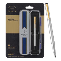 Parker Vector Stainless Steel Gold Trim Roller Ball Pen | Ink Color - Blue | Perfect For Corporate Use | Elite Pen For Professionals