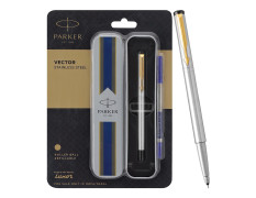Parker Vector Stainless Steel Gold Trim Roller Ball Pen | Ink Color - Blue | Perfect For Corporate Use | Elite Pen For Professionals