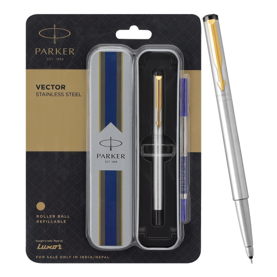 Parker Vector Stainless Steel Gold Trim Roller Ball Pen | Ink Color - Blue | Perfect For Corporate Use | Elite Pen For Professionals Parker Vector Stainless Steel Gold Trim Roller Ball Pen | Ink Color - Blue | Perfect For Corporate Use | Elite Pen For Professionals