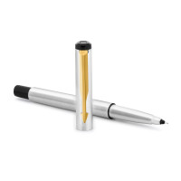 Parker Vector Stainless Steel Gold Trim Roller Ball Pen | Ink Color - Blue | Perfect For Corporate Use | Elite Pen For Professionals Parker Vector Stainless Steel Gold Trim Roller Ball Pen | Ink Color - Blue | Perfect For Corporate Use | Elite Pen For Professionals
