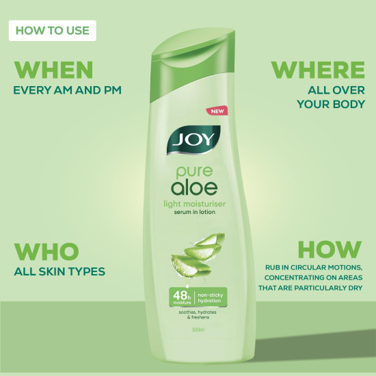 Joy Pure Aloe Light Moisturising Body Lotion 300ml | 48 Hour Moisture | Soothes, Hydrates & Freshens | Ideal for Summers | For All Skin Types | Lightweight, Non Sticky & Non Greasy