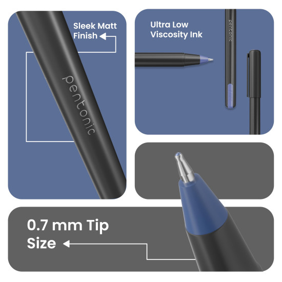 Pentonic 0.7 mm Ball Pen Blister Pack | Black Body | Blue Ink | Set of 10 Pens