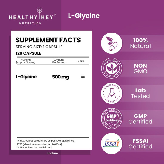 HealthyHey Nutrition L- Glycine - 500 mg - Support Brain and Sleep Health - 120 Veg. Capsules