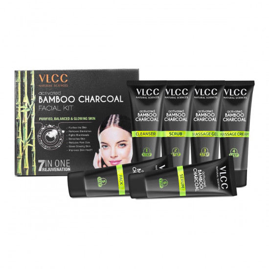 VLCC Activated Bamboo Charcoal Facial Kit - 60g For Purified, Balanced & Glowing Skin | Helps Purify Skin, Control Blemishes and Acne | With Activated Charcoal, Vitamin B3, Neem Bark & Clove Extracts