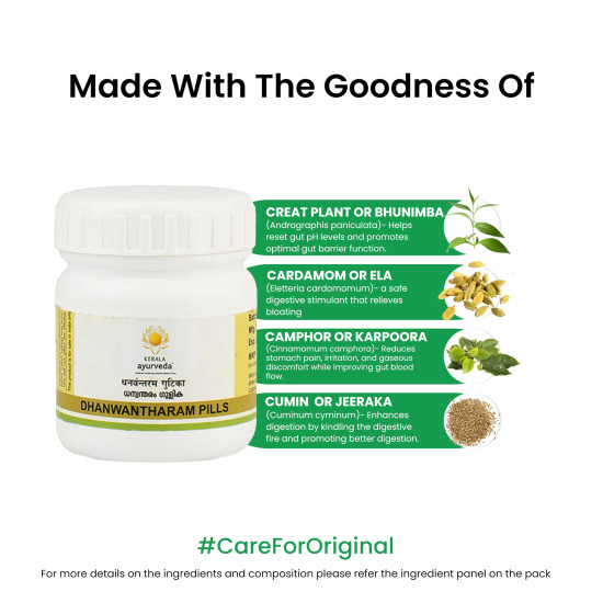 Kerala Ayurveda Dhanwantharam Pills| For Acidity| Eases Belching & Bloating| Better Digestive Health| For Pre & Post-delivery Abdominal Gas & Discomfort| Herbal & Natural | With Kirathatiktha, Karpoora in Jeeraka Kwath | 50 Tablets