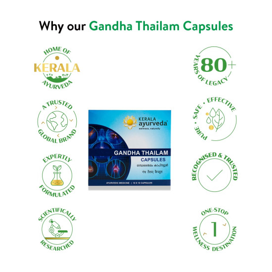 Kerala Ayurveda Gandha Thailam Capsule| For Strong and Healthy Joints| Quick Relief from Sports Injuries | Fast Healing in Fractures and Dislocations| Sesame Oil Base |With Thila, Yashtimadhu, Manjistha, Devadaru, and Milk|100 capsules