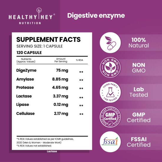 HealthyHey Nutrition Digestive Enzymes Capsules - Amylase, Lipase, Protease, Multi-Enzyme Complex Tablet - 120 Vegetable Capsules