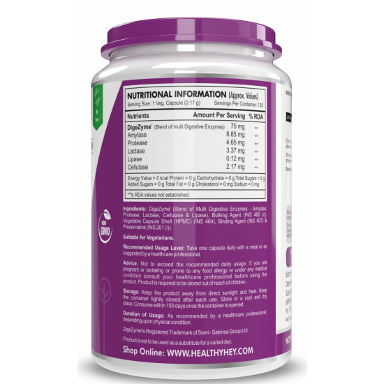 HealthyHey Nutrition Digestive Enzymes Capsules - Amylase, Lipase, Protease, Multi-Enzyme Complex Tablet - 120 Vegetable Capsules