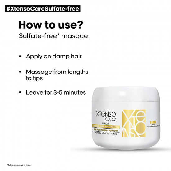 L'OREAL PROFESSIONNEL PARIS Xtenso Care Sulfate-Free* Masque|For All Hair Types|Gently Cleanses, Controls Frizz And Adds Shine|With Keratin Repair And Asta-Care *Without Sulfate Surfactants
