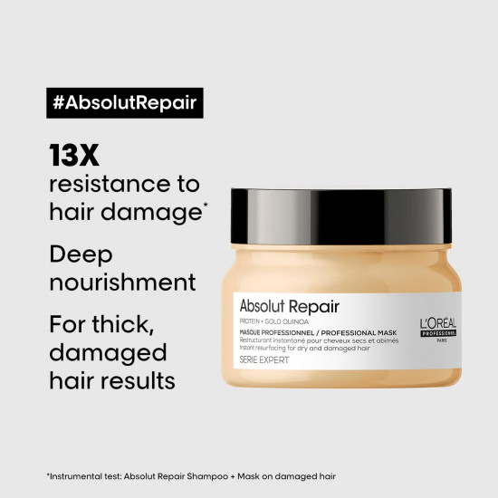 L'OREAL PROFESSIONNEL PARIS Serie Expert Absolut Repair Mask |Dry Hair Mask Provides Deep Conditioning & Strength | With Gold Quinoa & Wheat Protein (250Gms)