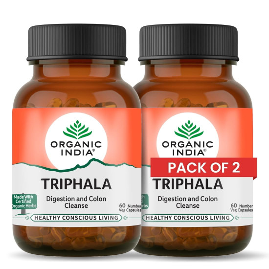 A TATA Product - Organic India Triphala Capsules - 60 Caps (Pack of 2) , Supports Immune System, Colon & Digestion, Balanced Bowel & Gut Health, Contains Bioactives and Antioxidants, GMP & NPOP Certified Organic 