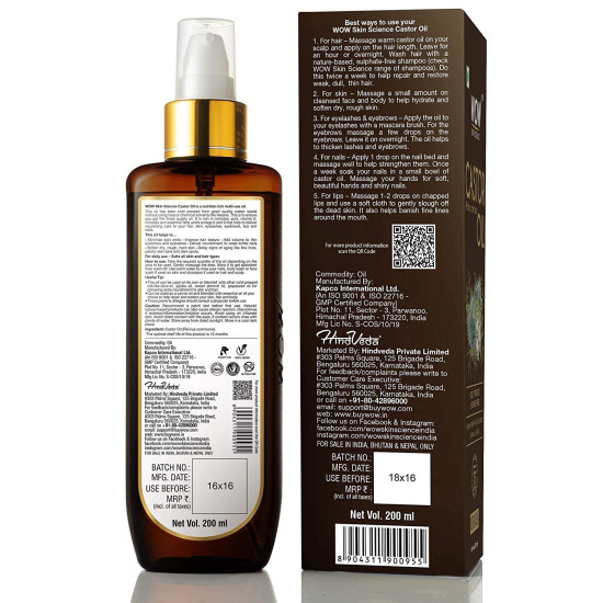 Wow Skin Science 100% Pure Castor Oil - Pure Cold Pressed Oil Blend and Hexane Free -Supports HealthierHair, Eyelashes, Skin & Nails | No Mineral Oil & Silicones - 200 ml