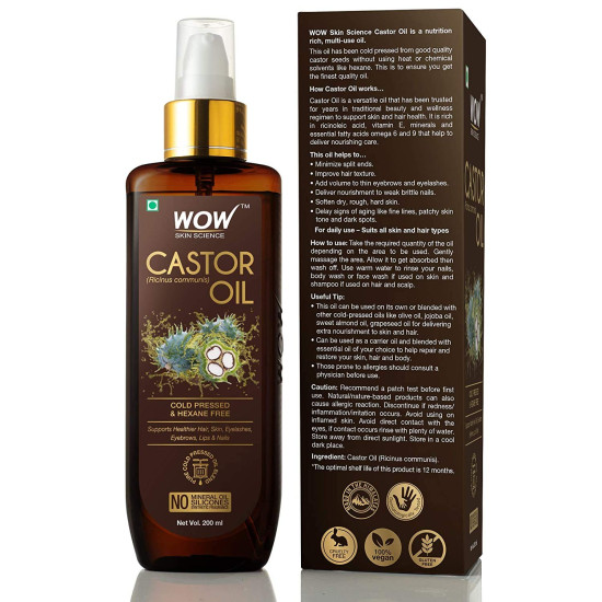 Wow Skin Science 100% Pure Castor Oil - Pure Cold Pressed Oil Blend and Hexane Free -Supports HealthierHair, Eyelashes, Skin & Nails | No Mineral Oil & Silicones - 200 ml