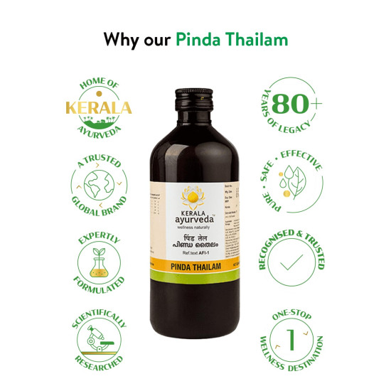 Kerala Ayurveda Pinda Thailam 450 Ml | Gout Joint pain relief Oil | Relief Oil | Relieves Burning Sensation in Varicose Veins |With Manjistha and Anantamul | Sesame Oil Base| Reduces redness and swelling | Helps in gout |100% Ayurvedic