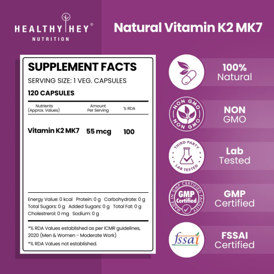 HealthyHey Nutrition Vitamin K2 | 100% Vegetarian Vitamin K2 Benefits in Bone Health - 55mcg - 120 Vitamin K27 Capsules