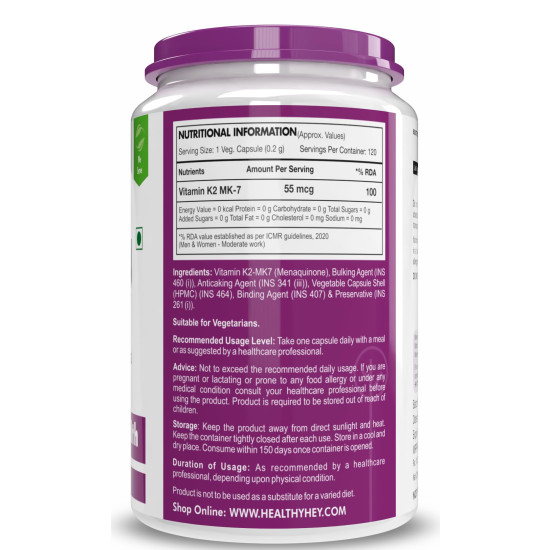 HealthyHey Nutrition Vitamin K2 | 100% Vegetarian Vitamin K2 Benefits in Bone Health - 55mcg - 120 Vitamin K27 Capsules