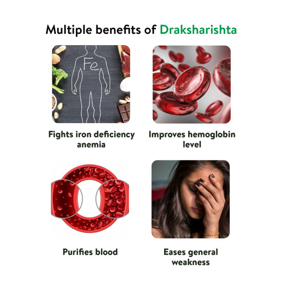 Kerala Ayurveda Draksharishta 450 ml | For Anemia | Non-Constipating Iron Tonic | Herbal Blood Purifier | To Flush Out Blood Impurities | For General Debility | No Artificial Flavors | With, Draksha, Tvak, Ela, Nagakesar, Vidanga, Dhataki, and Jaggery |